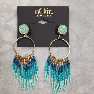 nOir Jewelry Hoop Earrings‎ Blue Teal Druzy Stud Beaded Fringe Southwestern Boho